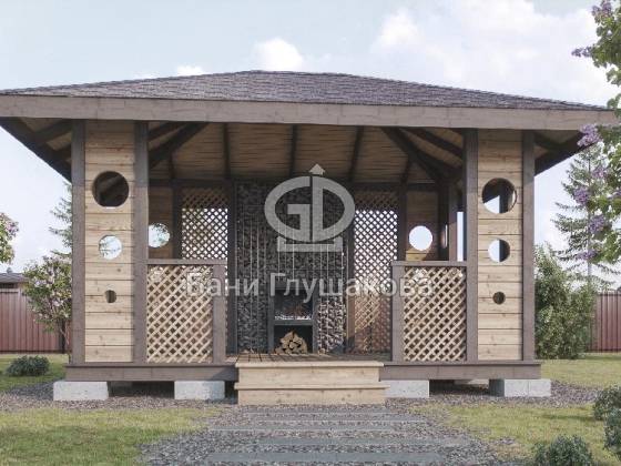 Беседка с камином и габионом (цена без беседки)