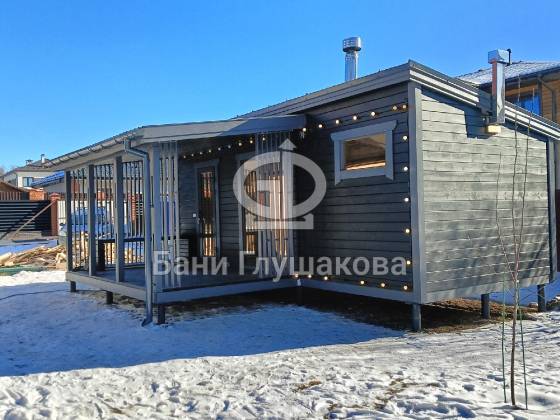 Баня «Суоми» 5,5х6,5 с закрытой террасой